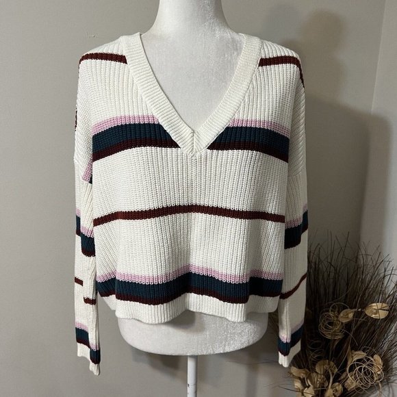 L A HEARTS V Neck Striped Sweater White Burgundy Cropped Oversized Size S - Picture 1 of 12